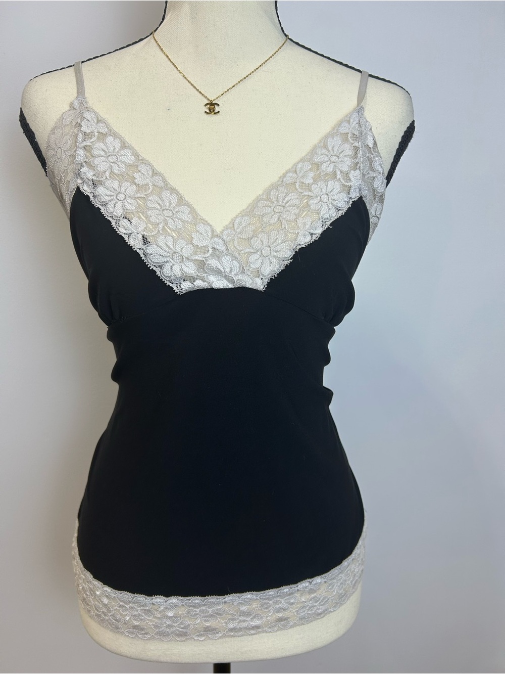 Black Lace-Trim Camisole with Ivory Floral Lace